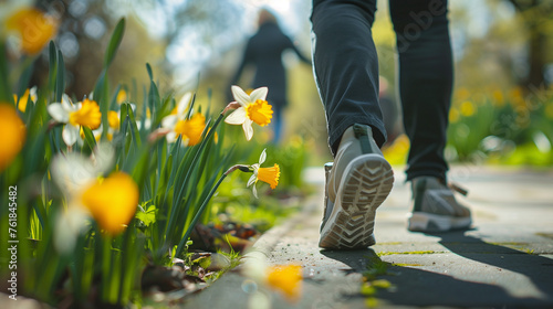 Seniors walking on a path on a sunny day. A field of daffodils in the background.