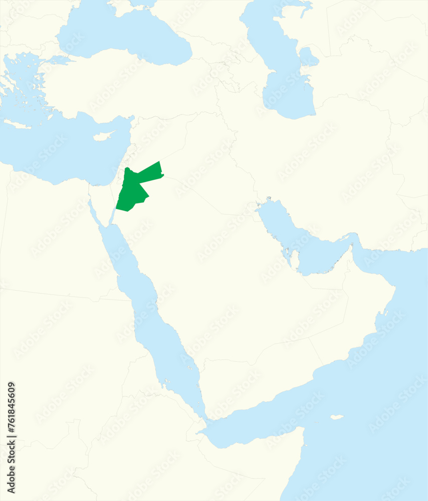 Obraz premium Green detailed CMYK blank political map of JORDAN with black national country borders on beige continent background and blue sea surfaces using orthographic projection of the Middle East