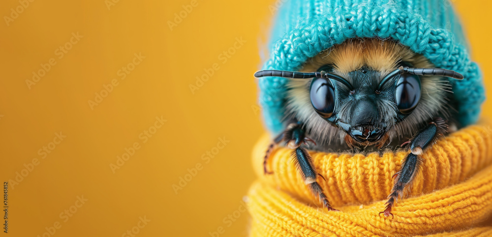 Bee in blue hat and yellow sweater. - obrazy, fototapety, plakaty 