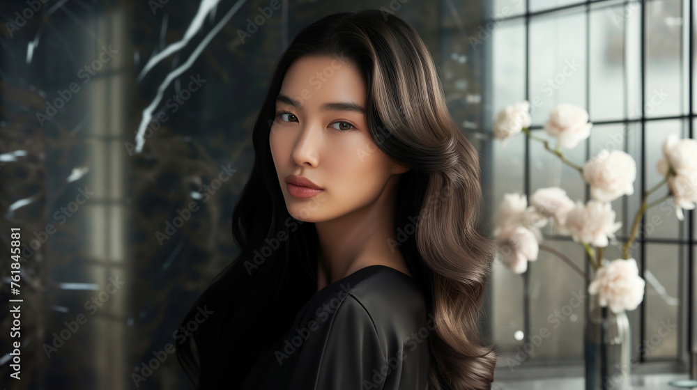 Elegant Asian Woman with Lush Hair and Flowers. Elegant Asian Woman with Lush Hair and Flowers.