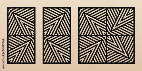Laser cut panels collection. Vector template with abstract geometric pattern with broken lines, stripes. Decorative stencil for laser cutting of wood, metal, plastic, paper. Aspect ratio 1:2, 1:1