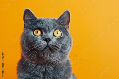 funny british shorthair cat portrait looking shocked or surprised on orange background with copy space