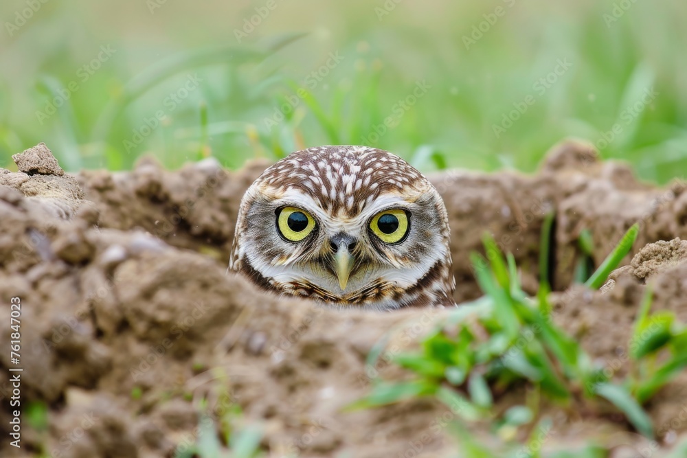 Funny Burrowing owl Athene cunicularia tilts its head outside its burrow Funny Burrowing owl Athene cunicularia tilts its head outside its burrow