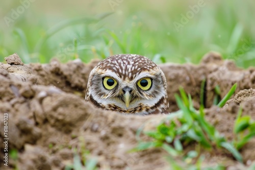 Funny Burrowing owl Athene cunicularia tilts its head outside its burrow