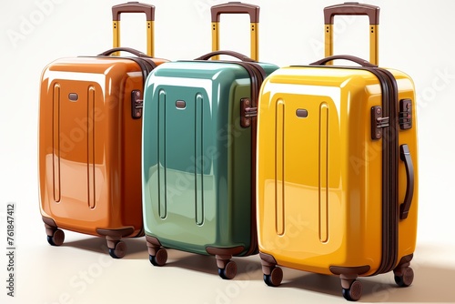 three colorful travel suitcase icons on white - orange, green and yellow