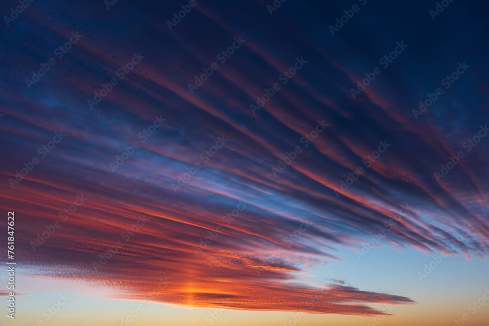 Stunningly beautiful multi-colored violet-pink-lilac evening sky, multi-colored clouds fan out from the lower horizon