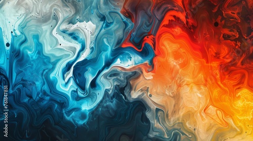 Abstract fluid art with blue, white, red, and orange swirls