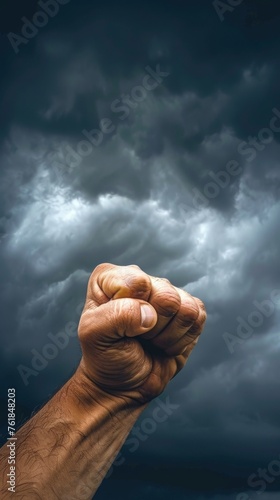 Clenched fist against stormy sky photo