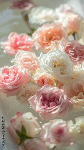 Pastel roses floating in water with soft lighting