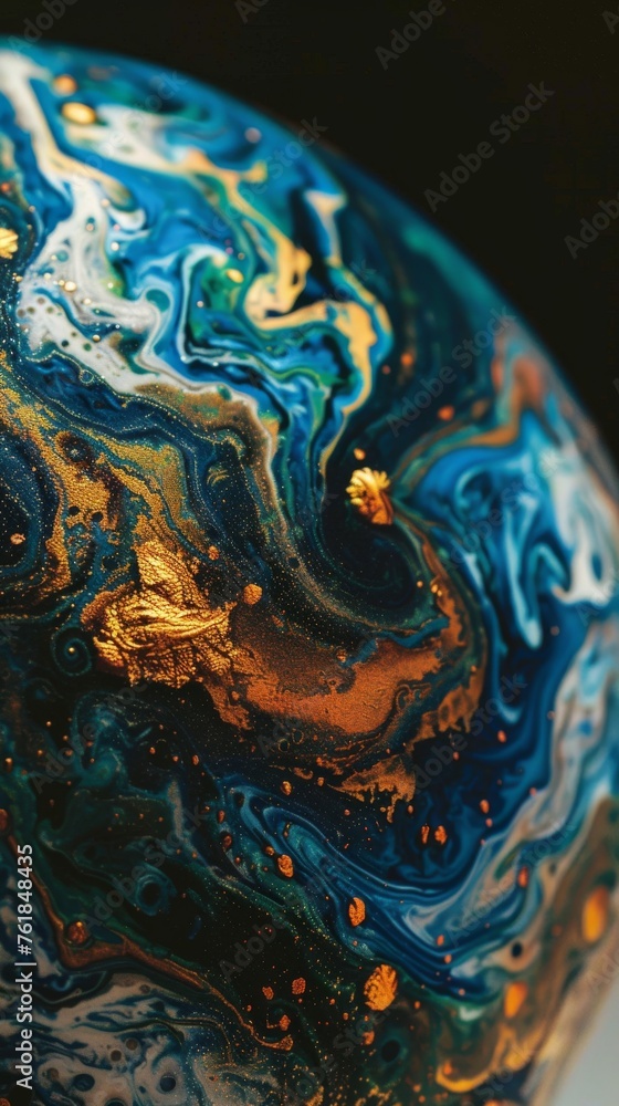 Close-up of abstract liquid art with swirling blue and gold colors Close-up of abstract liquid art with swirling blue and gold colors
