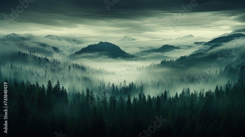Evening dense foggy forest with high mountains in distance. Mysterious and atmospheric forest landscape. Generative AI © kovalovds