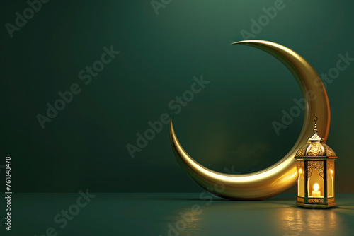 Ramadan Kareem holiday greeting card with crescent moon, lantern, mosque