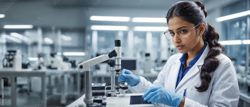Young adult Indian female student or genetic engineer analyzing microscopic samples in a high-tech medical laboratory, wide banner with copy space for text. Young adult Indian female student or genetic engineer analyzing microscopic samples in a high-tech medical laboratory, wide banner with copy space for text.