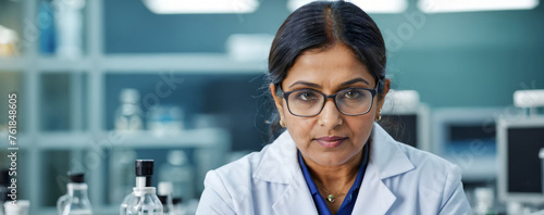 Front portrait of middle aged Indian scientist looking at camera at high tech medical research lab, wide panoramic horizontal banner with blurred background and copy space for text