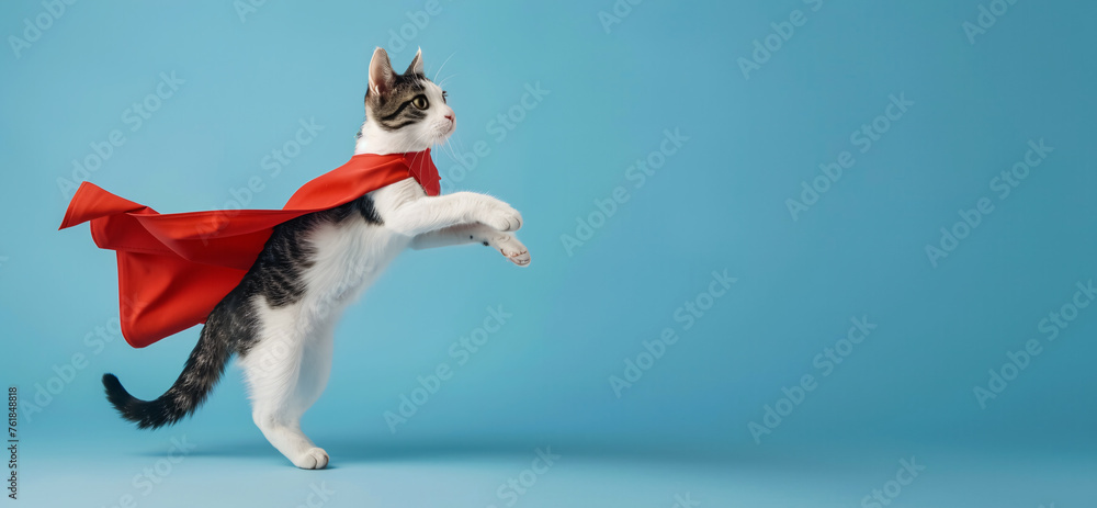 flying cat with a superhero cape on blue background flying cat with a superhero cape on blue background