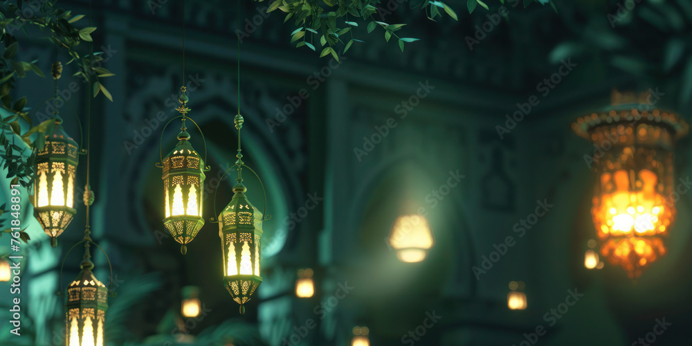 Obraz premium Ramadan symbols such as lantern, crescent moon, mosque