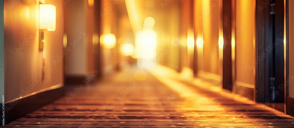 Hotel corridor with bright and warm lighting, blurred backdrop.