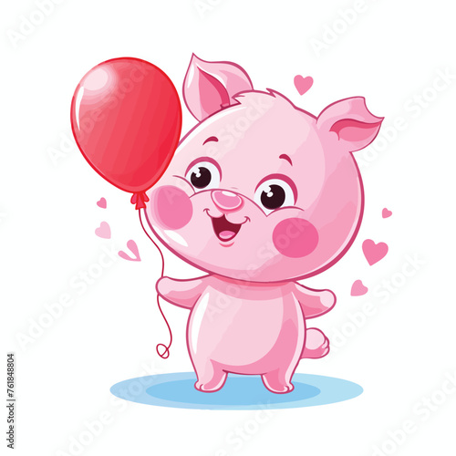 Kawaii pig cartoon holding balloon. mascot 