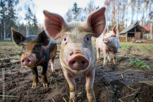 Happy pigs living on organic ecological farm