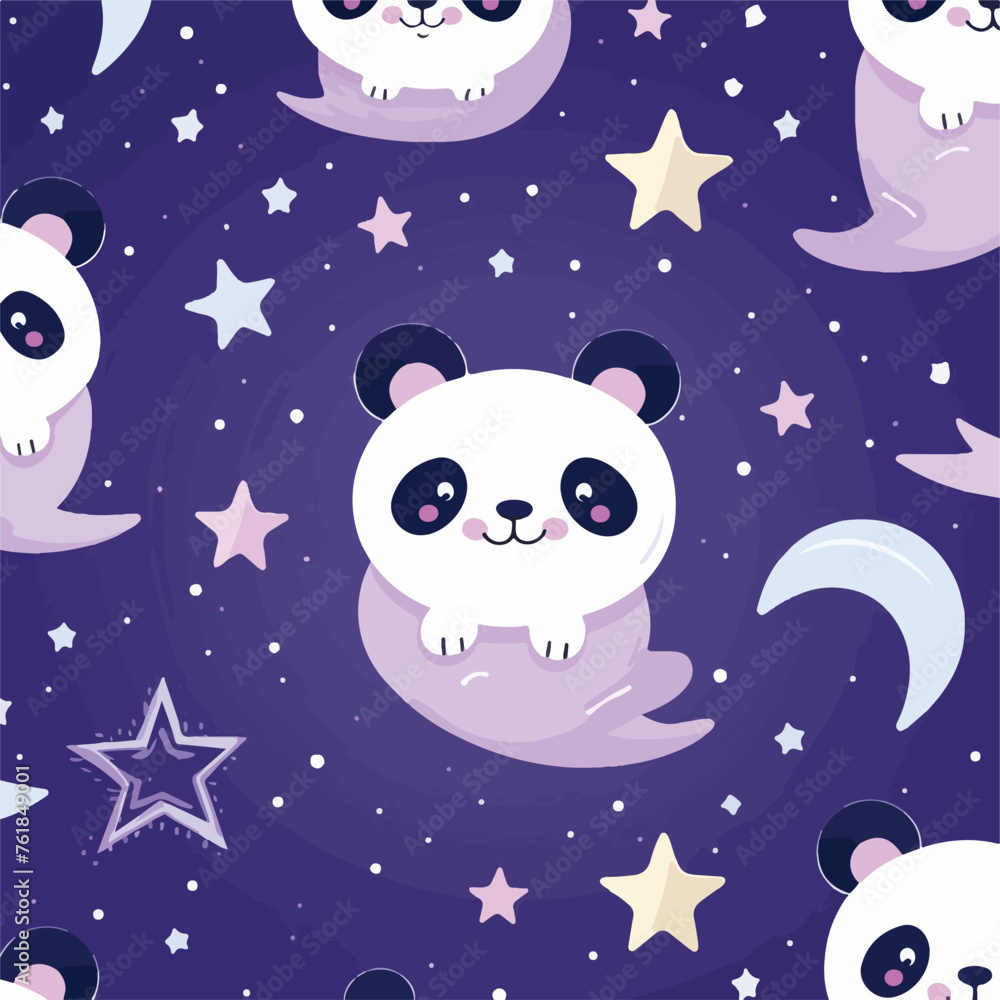 Kawaii planet panda with moon and stars on purple b