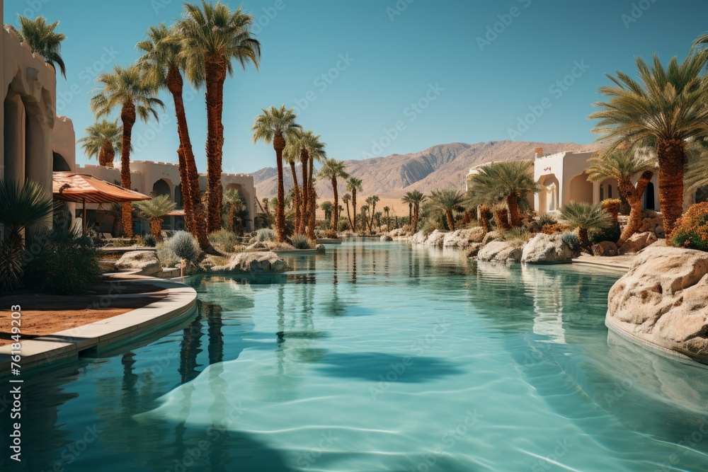 A serene oasis with a large pool, palm trees, and rocks under the sky