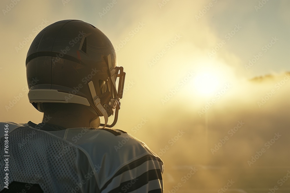 a player in sportswear and a helmet stands with his back against the background of the sunset.  place for text, advertising. - obrazy, fototapety, plakaty 