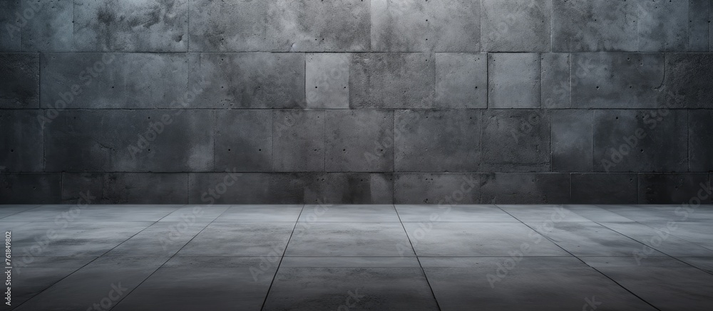 The atmosphere in the empty room with a brick wall and tiled floor is grey and minimalist. The flooring is blackandwhite tiles, creating a rectangular pattern