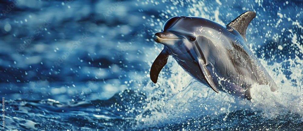 Obraz premium Beautiful dolphin swimming in the sea making a jump to the surface