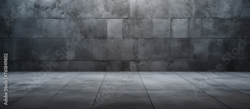 The atmosphere in the empty room with a brick wall and tiled floor is grey and minimalist. The flooring is blackandwhite tiles, creating a rectangular pattern photo