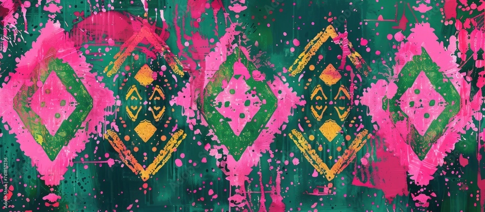 A textile art piece with a magenta and green pattern on a grass green background, creating a visually striking design in the form of rectangles A textile art piece with a magenta and green pattern on a grass green background, creating a visually striking design in the form of rectangles