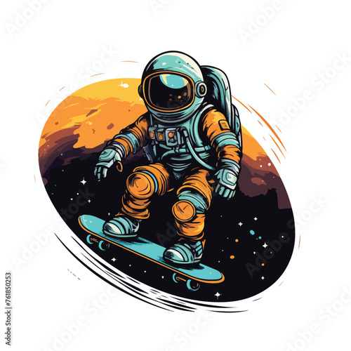 Little astronaut rides on skateboard in hipster 