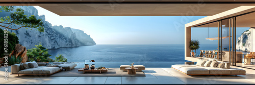  Luxury Terrace with Breathtaking View of the Sea, A huge sofa is in a light living room with empty walls that are green olive © david
