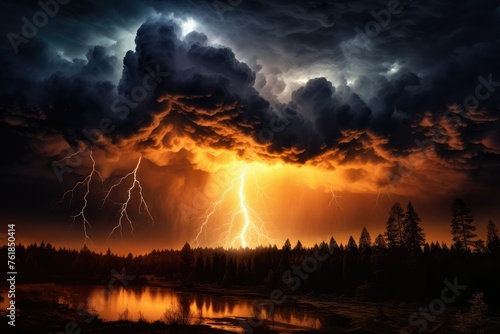 Thunderstorm over the lake. Dramatic stormy sky. Lightening large bolts over a lake at night dark skies. 3D rendering.