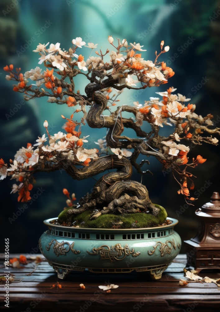 Bonsai Tree in Blue Pot on Table Bonsai Tree in Blue Pot on Table