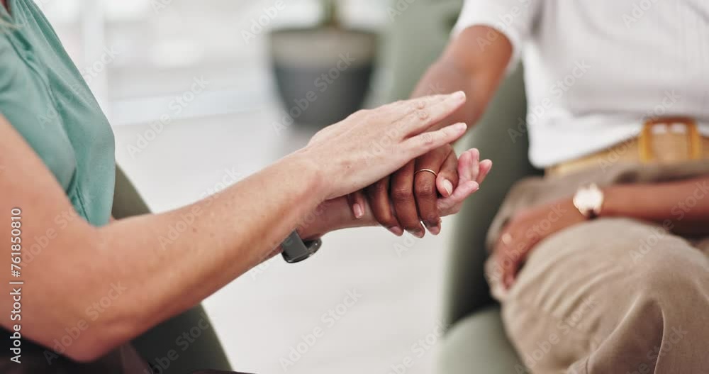Holding hands, support and empathy in counseling for mental health, help or advice with people in therapy. Psychologist, patient for healing and rehabilitation, trust and kindness with compassion Holding hands, support and empathy in counseling for mental health, help or advice with people in therapy. Psychologist, patient for healing and rehabilitation, trust and kindness with compassion