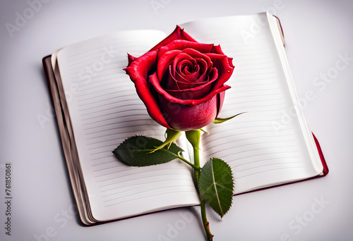 Oblique red rose laying on empty pages of Memo pad