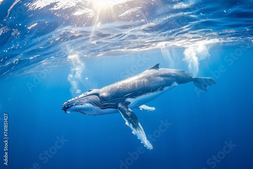 Humpback whale playfully swimming in clear blue ocean while blowing bubblesHumpback whale playfully swimming in clear blue ocean