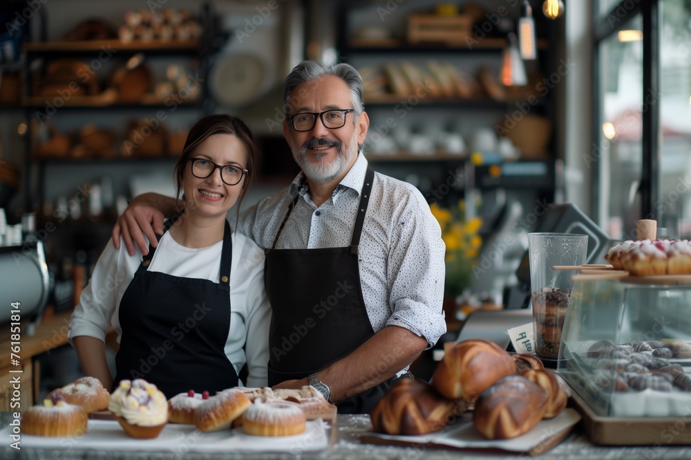 cafe owner portrait business shop job service occupation couple bakery happy food bread cake sweet pastry fresh apron family work