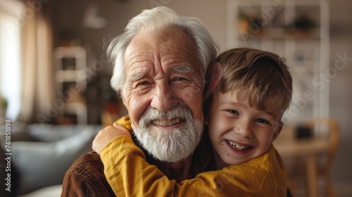 Laughing grandfather with his grandson as they play together indoors in the living room with the cute young boy hugging him from behind