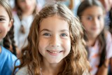child girl school group portrait student boy education happy elementary pupil friend young kid smiling caucasian female together childhood little class classroom