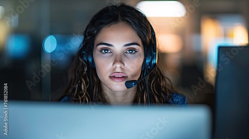 woman call center workers. Smiling customer support operator with hands-free headset working in the office 