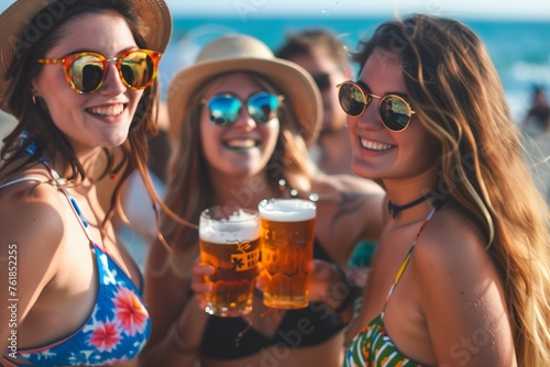 fun beach summer youth friend young woman group friendship happiness drink beer vacation sea couple together man lifestyle holiday
