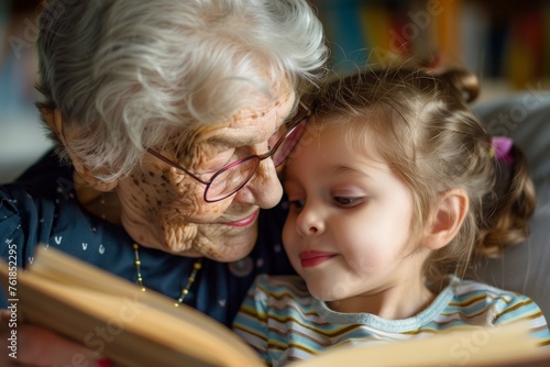 grandchild family child grandparent grandmother book reading elderly granddaughter girl happy together read learning education story fun leisure teaching storytelling senior smiling kiss hug