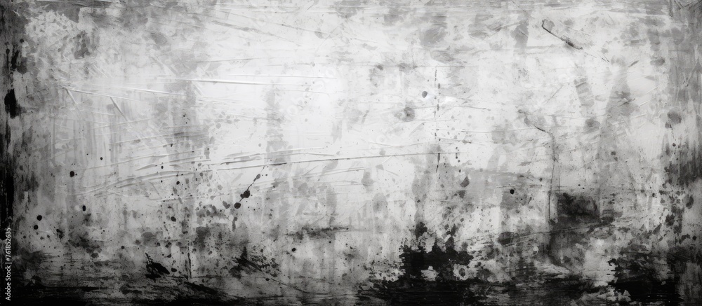 A monochromatic photograph showcasing a weathered wall covered in dirt, with natural plant twigs growing out of cracks in the city landscape