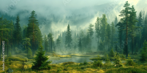 Foggy morning in the coniferous forest. Panorama.