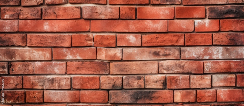 Detailed closeup of a red brick wall showcasing the intricate brickwork, symmetry, and pattern created by the skilled bricklayer using mortar as a composite material Detailed closeup of a red brick wall showcasing the intricate brickwork, symmetry, and pattern created by the skilled bricklayer using mortar as a composite material