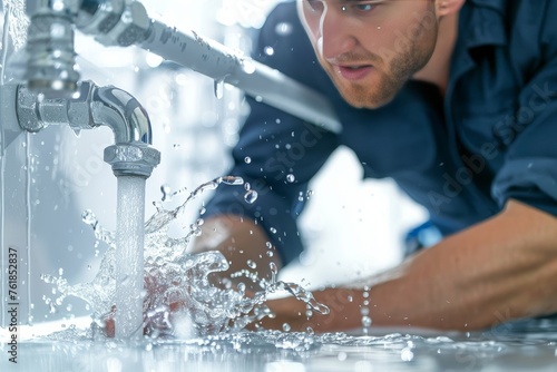 Man Fixing Blue Water Faucet