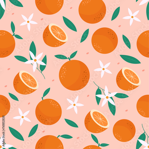 Summer orange seamless pattern. Colorful modern tropical background. Hand-drawn floral pattern for posters, prints, paper.