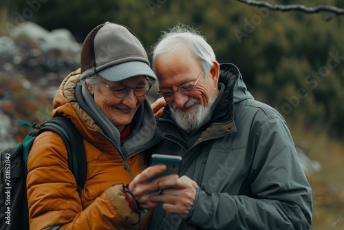 woman man outdoor senior couple happy lifestyle retirement together love fun elderly active mobile smartphone communication phone sport active activity fitness outfit training healthy