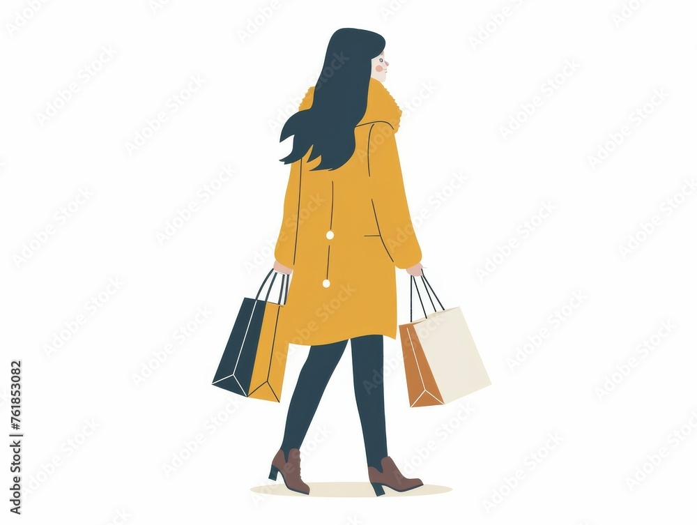 Woman in Yellow Coat Carrying Shopping Bags